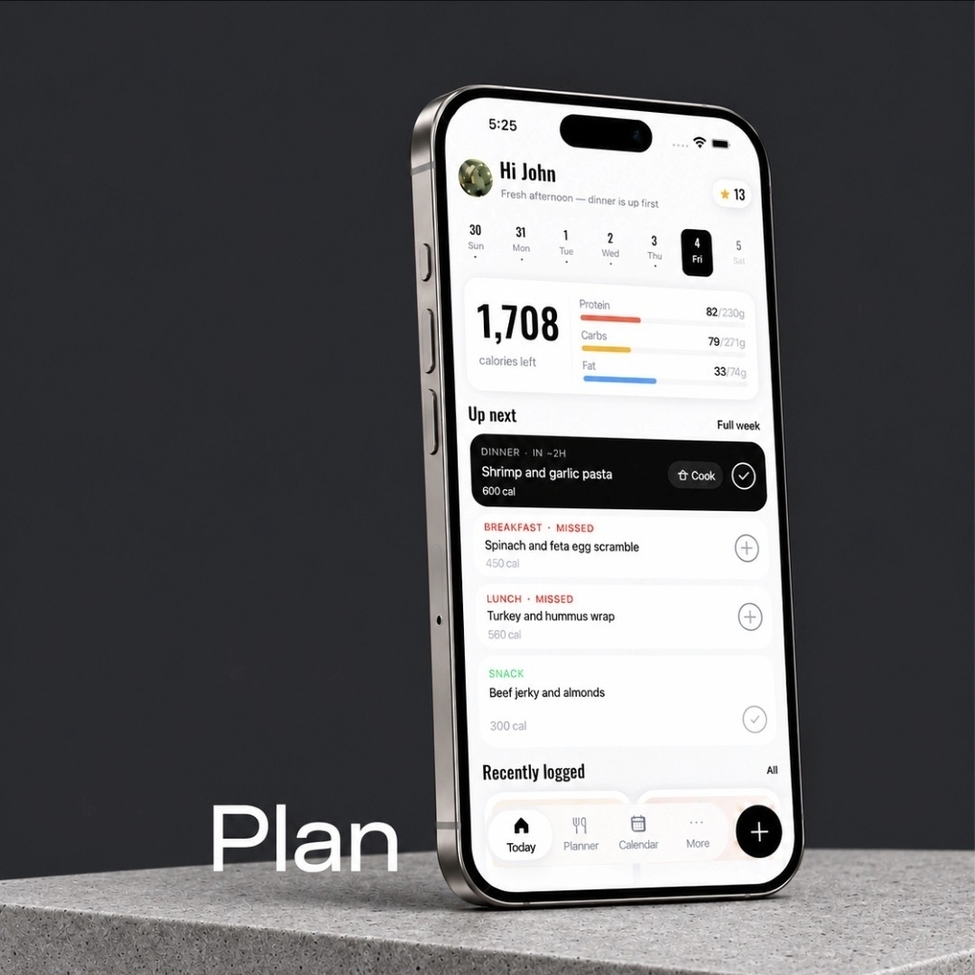 Mac AI's Today screen on an iPhone: calories left and the three macros against their targets, the week's dates, dinner up next with a Cook button, and breakfast and lunch marked missed.