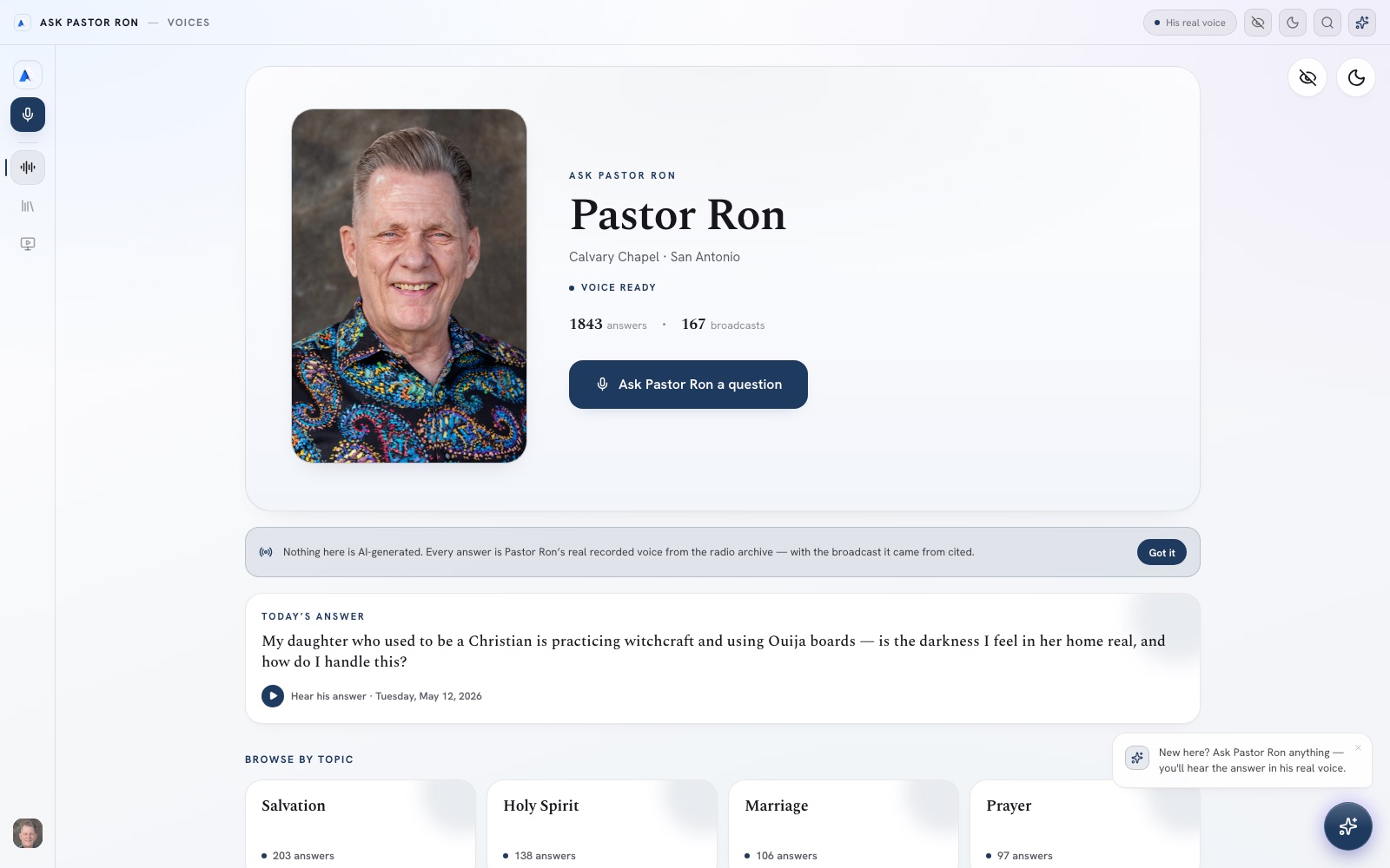 Paula, running as Ask Pastor Ron: a portrait of Pastor Ron beside 1,843 answers and 167 broadcasts, an Ask Pastor Ron a question button, today's answer with a Hear his answer control, and topics to browse.