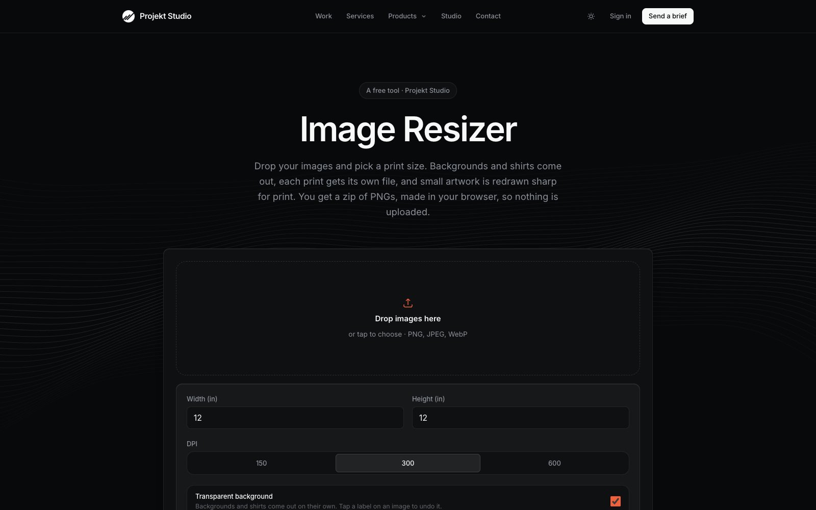 The Image Resizer page: the headline "Image Resizer" over a drop zone for images, width and height in inches, and a choice of 150, 300 or 600 DPI.